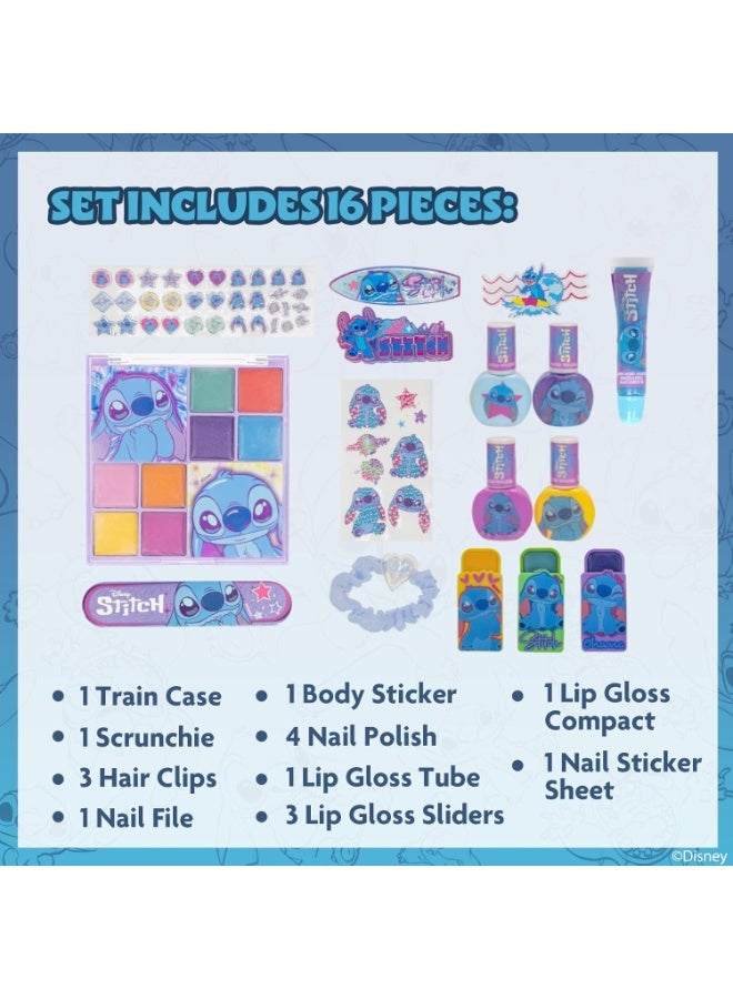 Stitch by Townley Girl Cosmetic Makeup Train Case Set Includes Lip Gloss, Shadows, Brushes, Nail Polishes, Hair Clips, Tattoos, Accessories & More! for Girls Ages 3+ Perfect for Parties, Sleepovers - Image 2